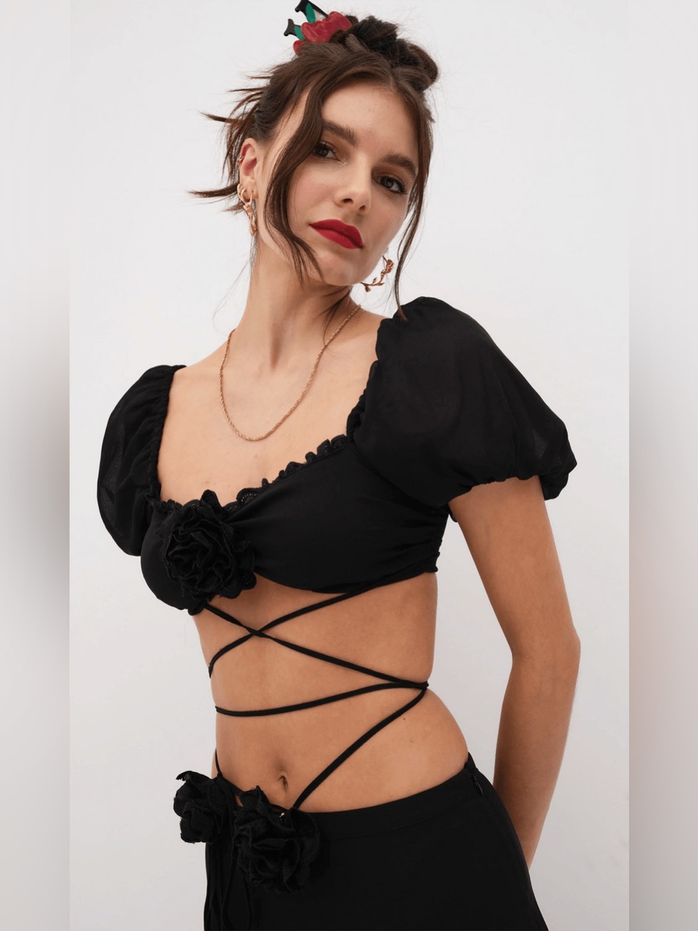 For Love & Lemons Adella Top & Melody Midi Skirt Set Black Rosette | M - Picture 4 of 16